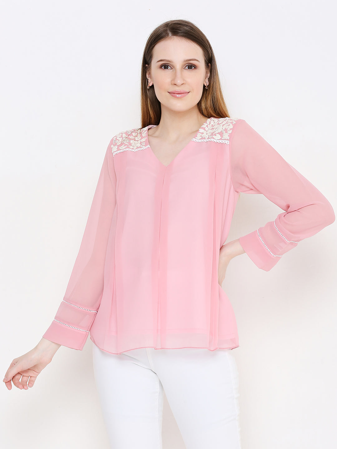 Pink Embellished V-Neck Pure Georgette KurtI