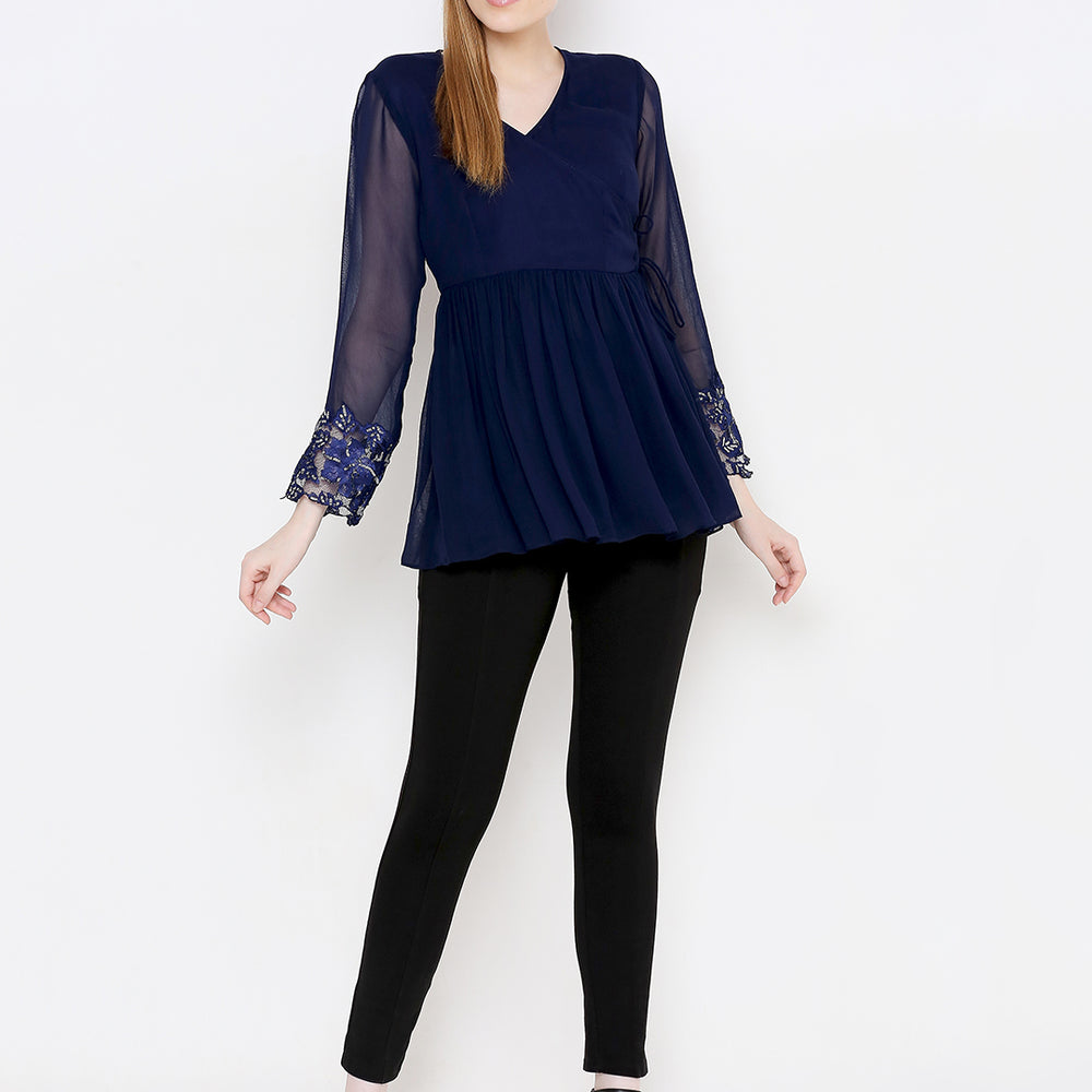 Navy Blue Georgette Wrap Longline Top