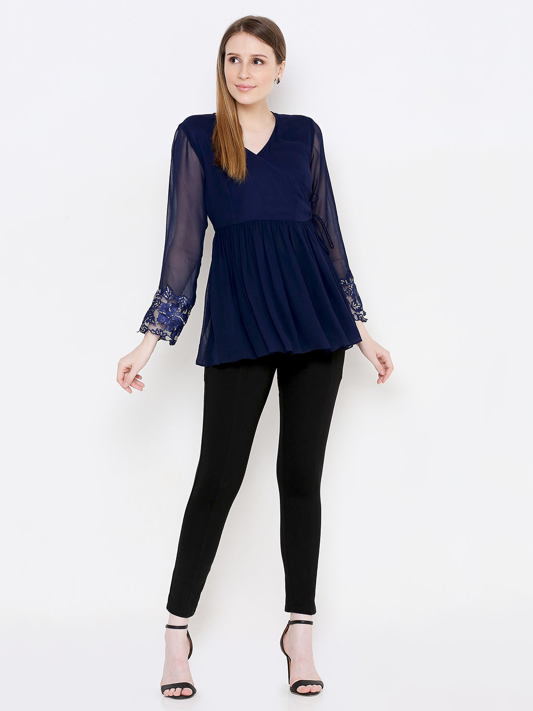 Navy Blue Georgette Wrap Longline Top