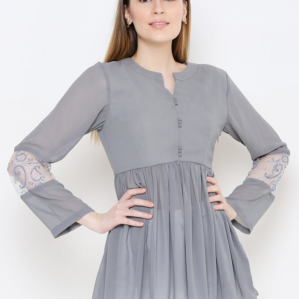 Grey Embellished Pure Georgette Pleated Kurti