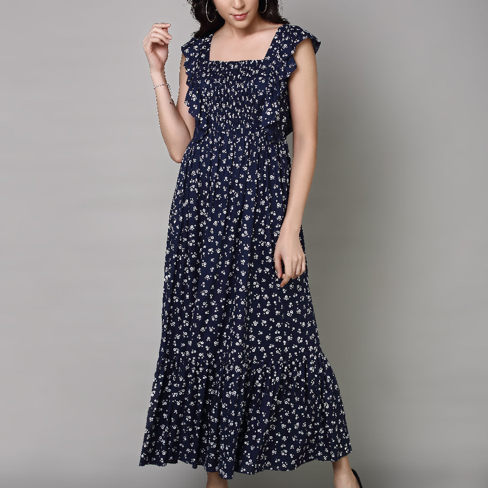 
                      
                        Women Navy Blue Floral Printed Maxi Dress
                      
                    