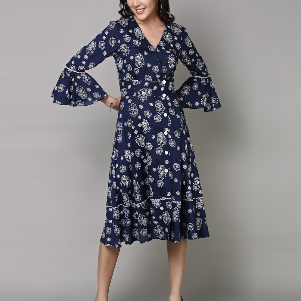 
                      
                        Women Navy Blue Floral Printed Midi Dress
                      
                    