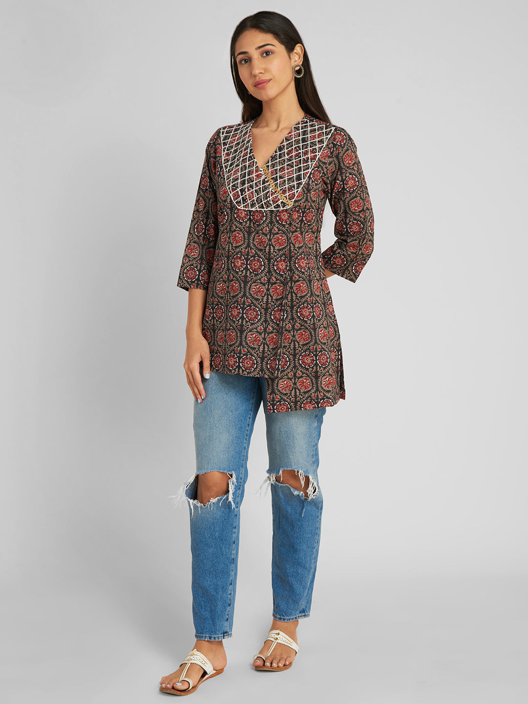 Women Black & Maroon Printed V-Neck Thread Work Pure Cotton Kurti