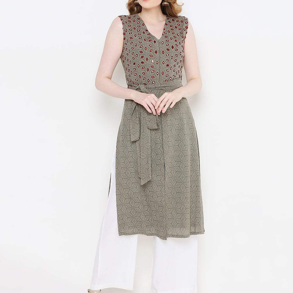 Women Olive Green Printed Mirror Work Sleeveless Kurta