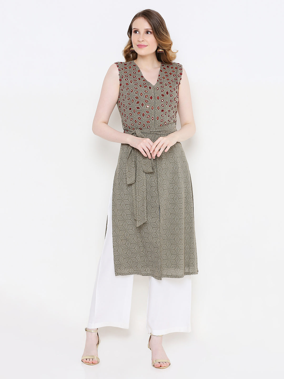 Women Olive Green Printed Mirror Work Sleeveless Kurta