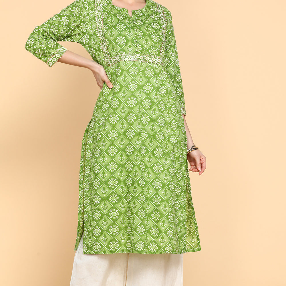 Lime Green Printed Long Kurta With Gotta patti work