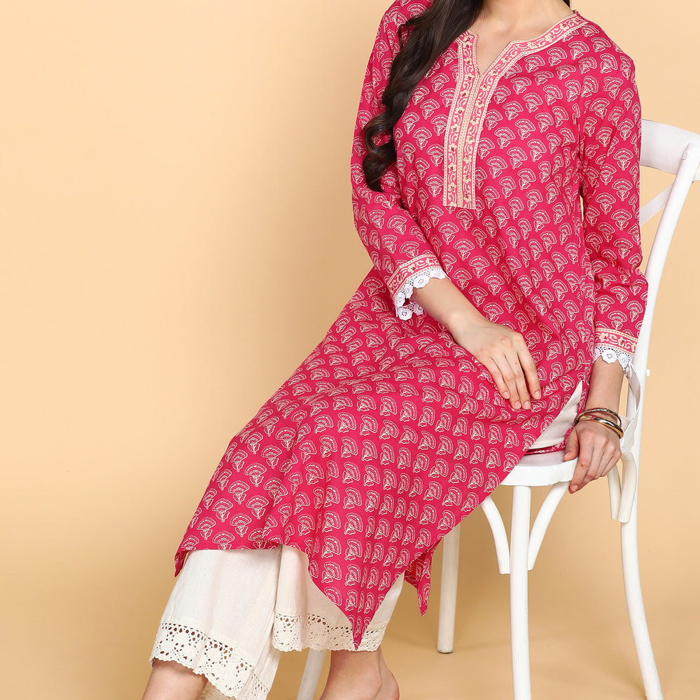 
                      
                        Ethnic Motifs Printed Notched Neck Pure Cotton Kurta
                      
                    