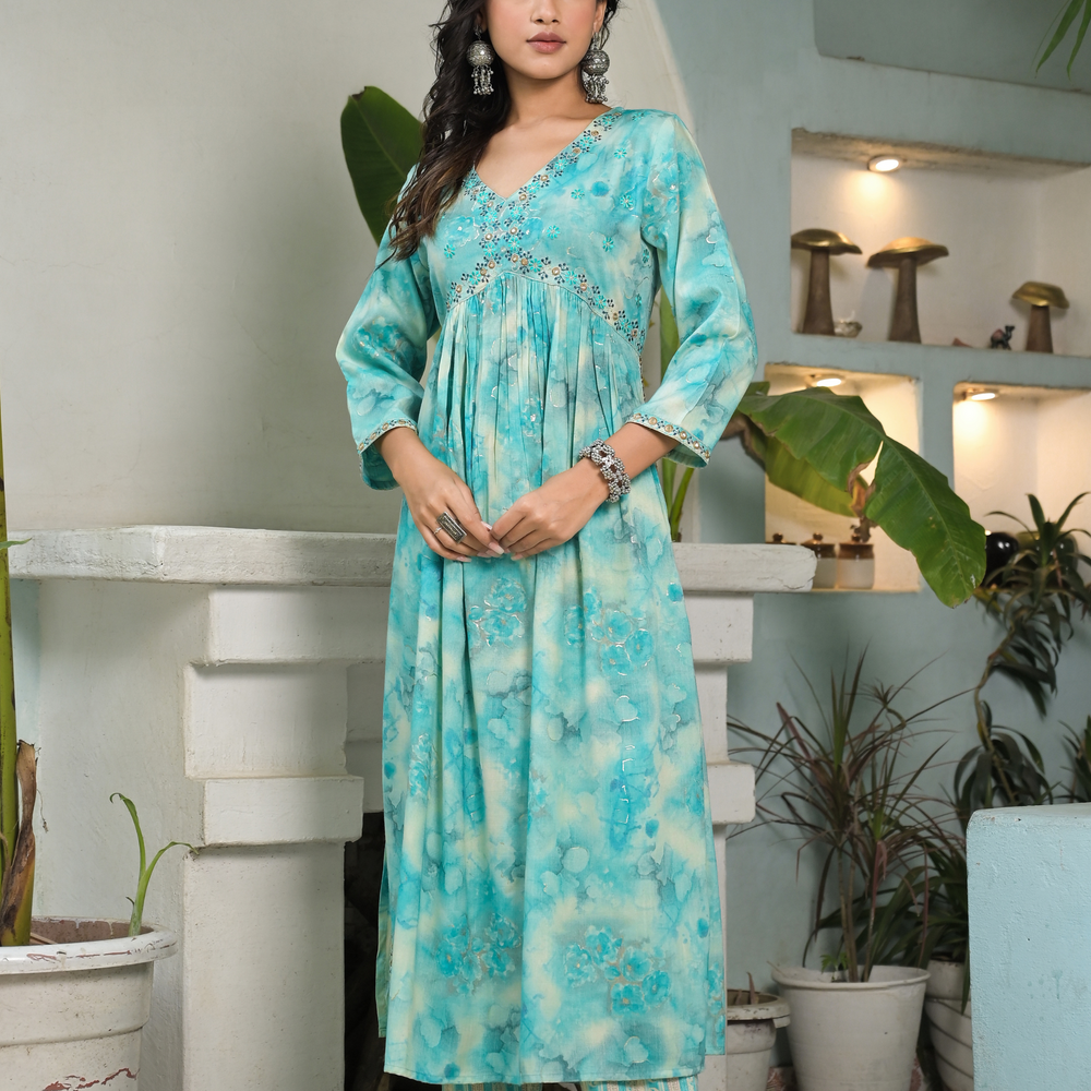 
                      
                        Blue Floral Aliya Cut Suit Set
                      
                    