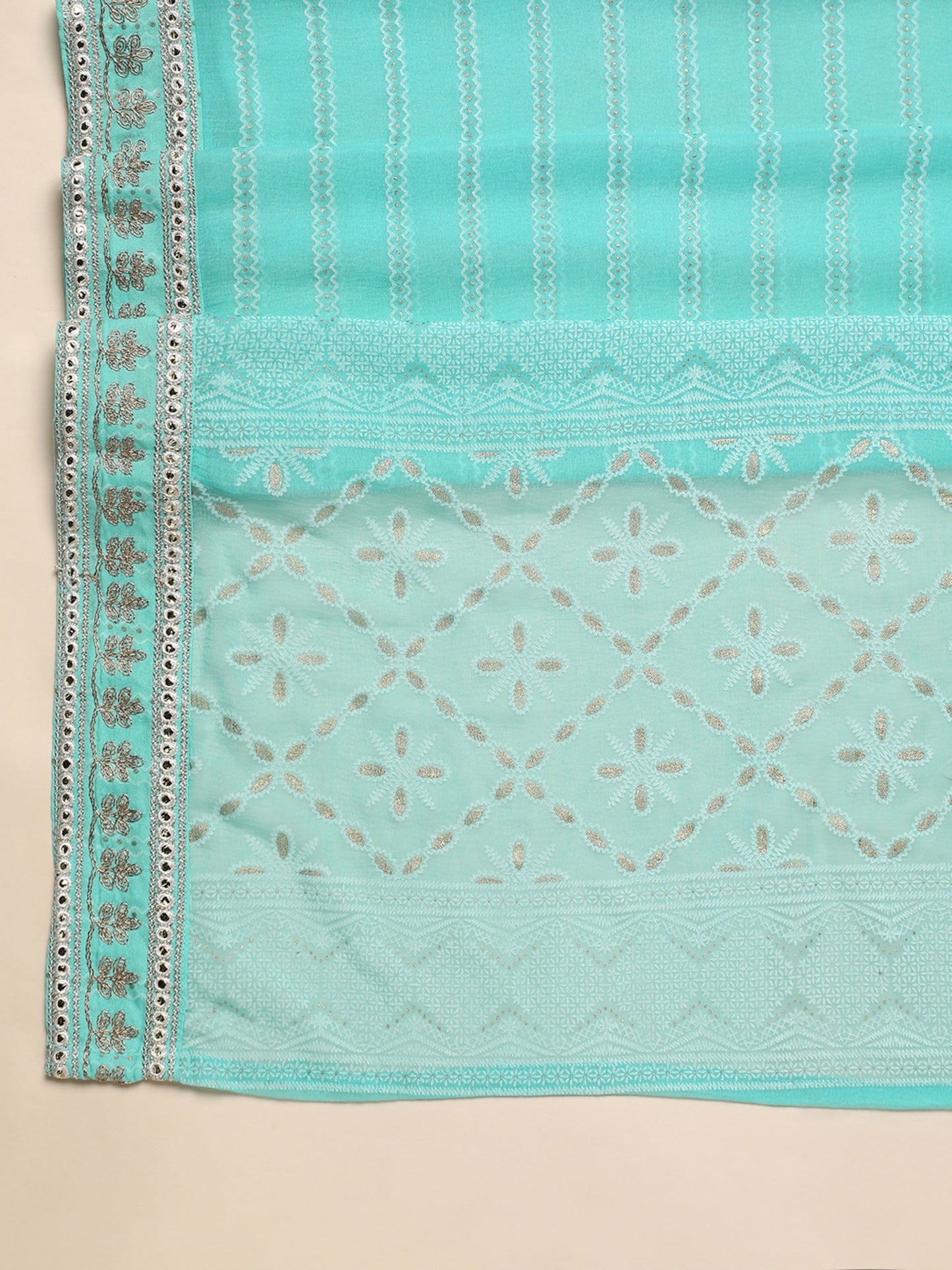 Pastal Blue Ethnic Motifs Printed Thread Work Regular Kurta with Trousers & Dupatta