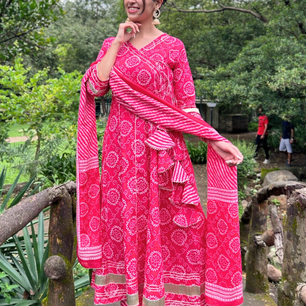 Pink Floral Handprinted Agarkha Kurta Set with Dupatta and Gota Laces