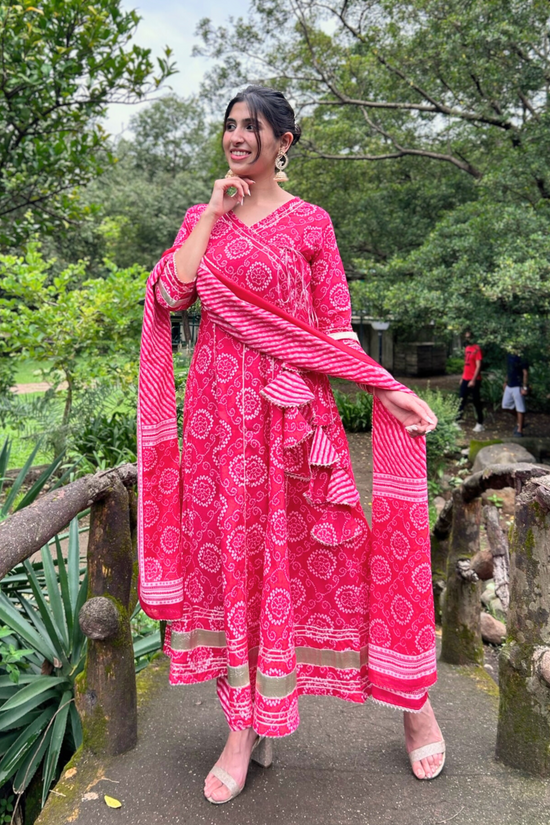 Pink Floral Handprinted Agarkha Kurta Set with Dupatta and Gota Laces