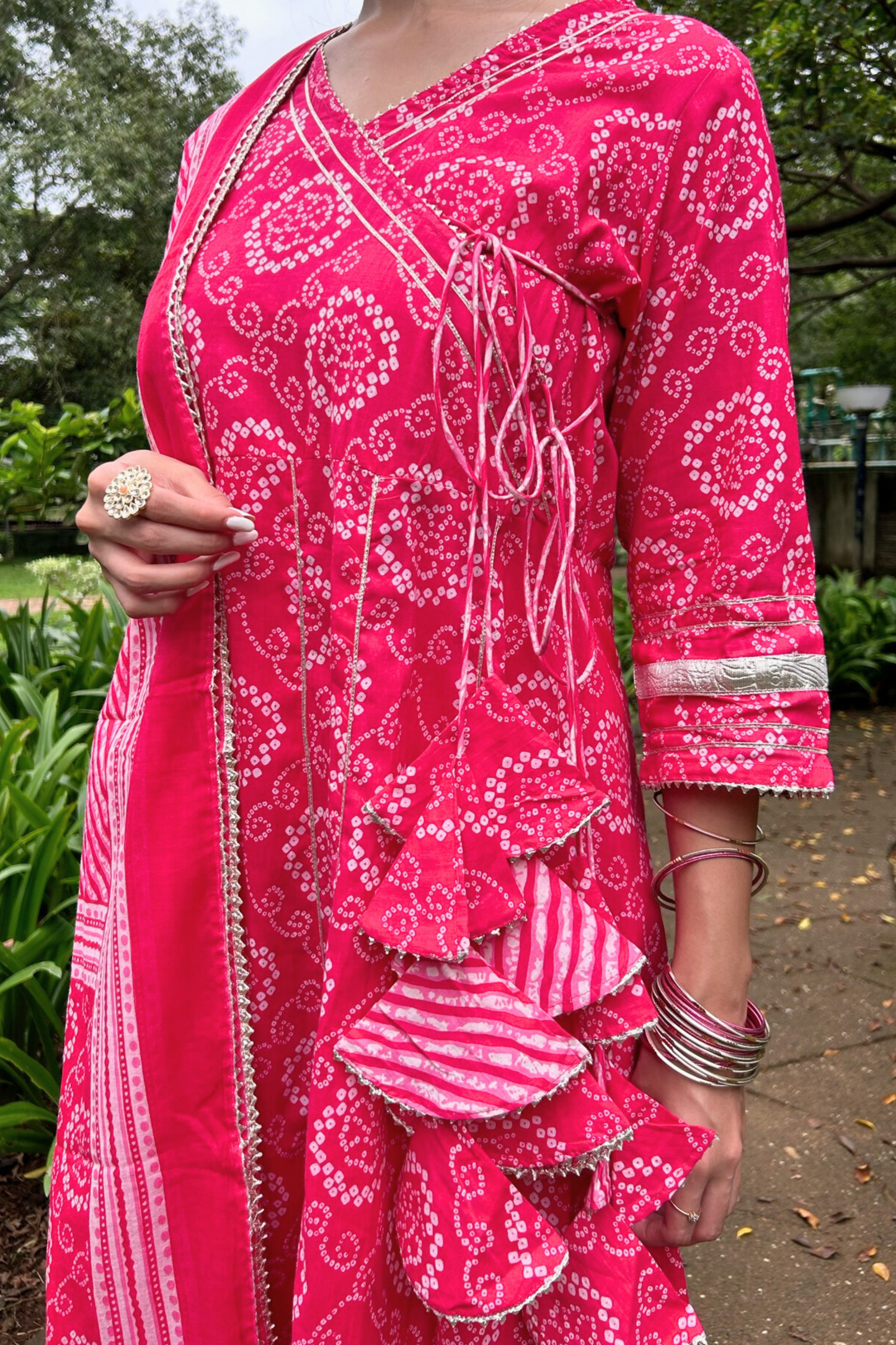 Pink Floral Handprinted Agarkha Kurta Set with Dupatta and Gota Laces