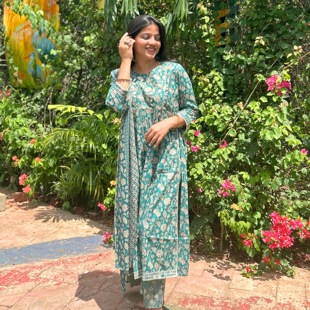 Jade Suit Set with White Floral Prints