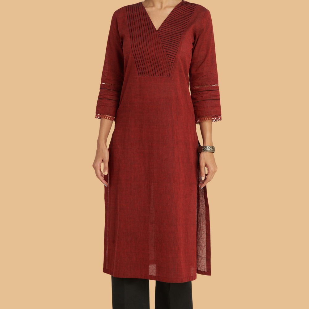Maroon Straight Kurta with Pleated Yoke