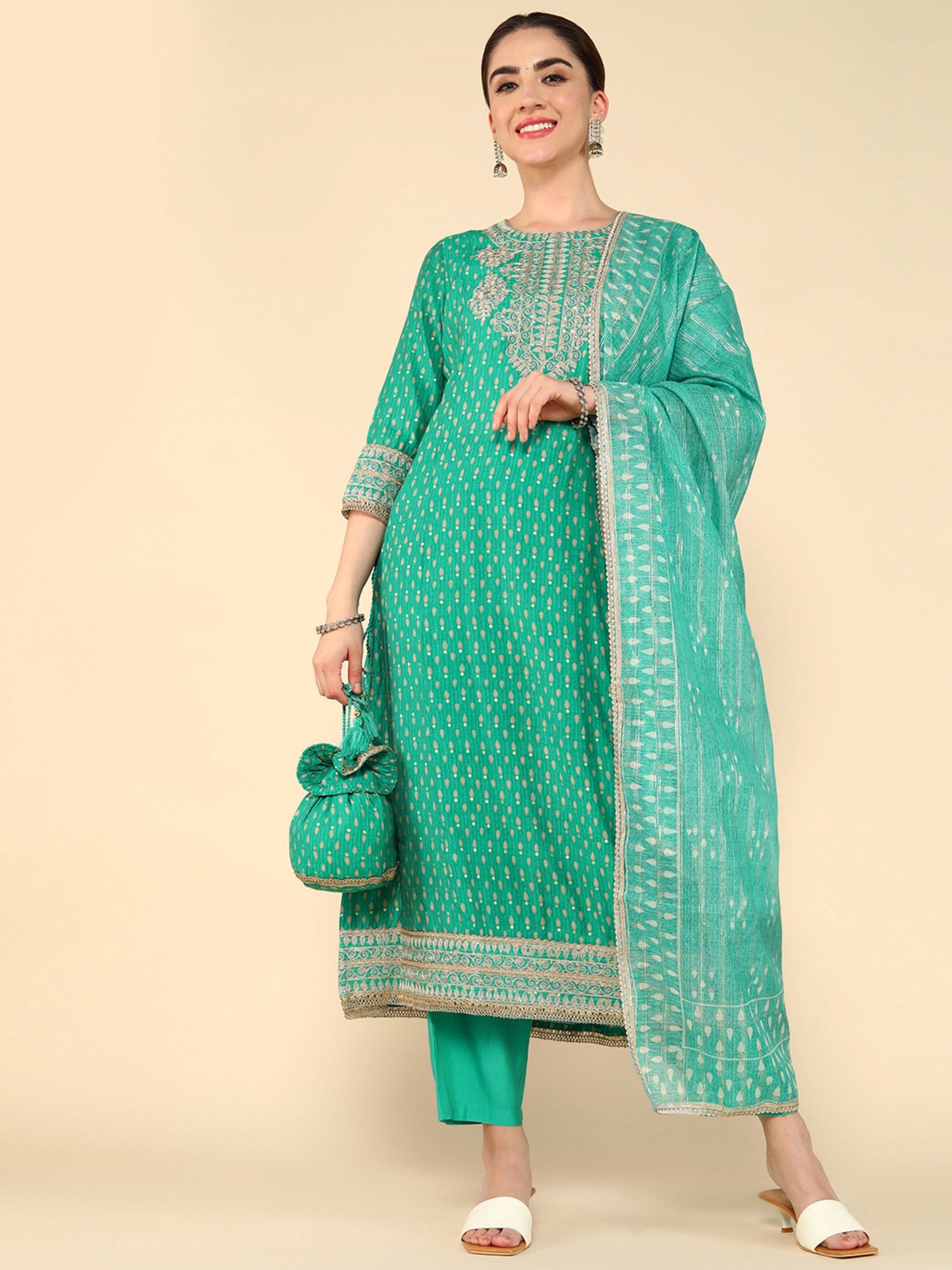 Parrot Green Muslin Gold dori embroidered flared kurta with straight trouser and organza printed dupatta