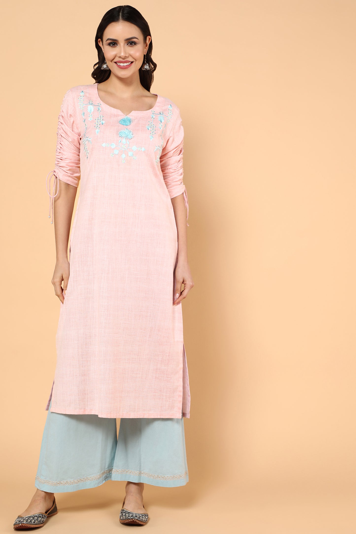Baby pink georgette chainstitch embroidered plazzo kurti | Indian kurti  designs, Pink kurti, Kurti designs party wear