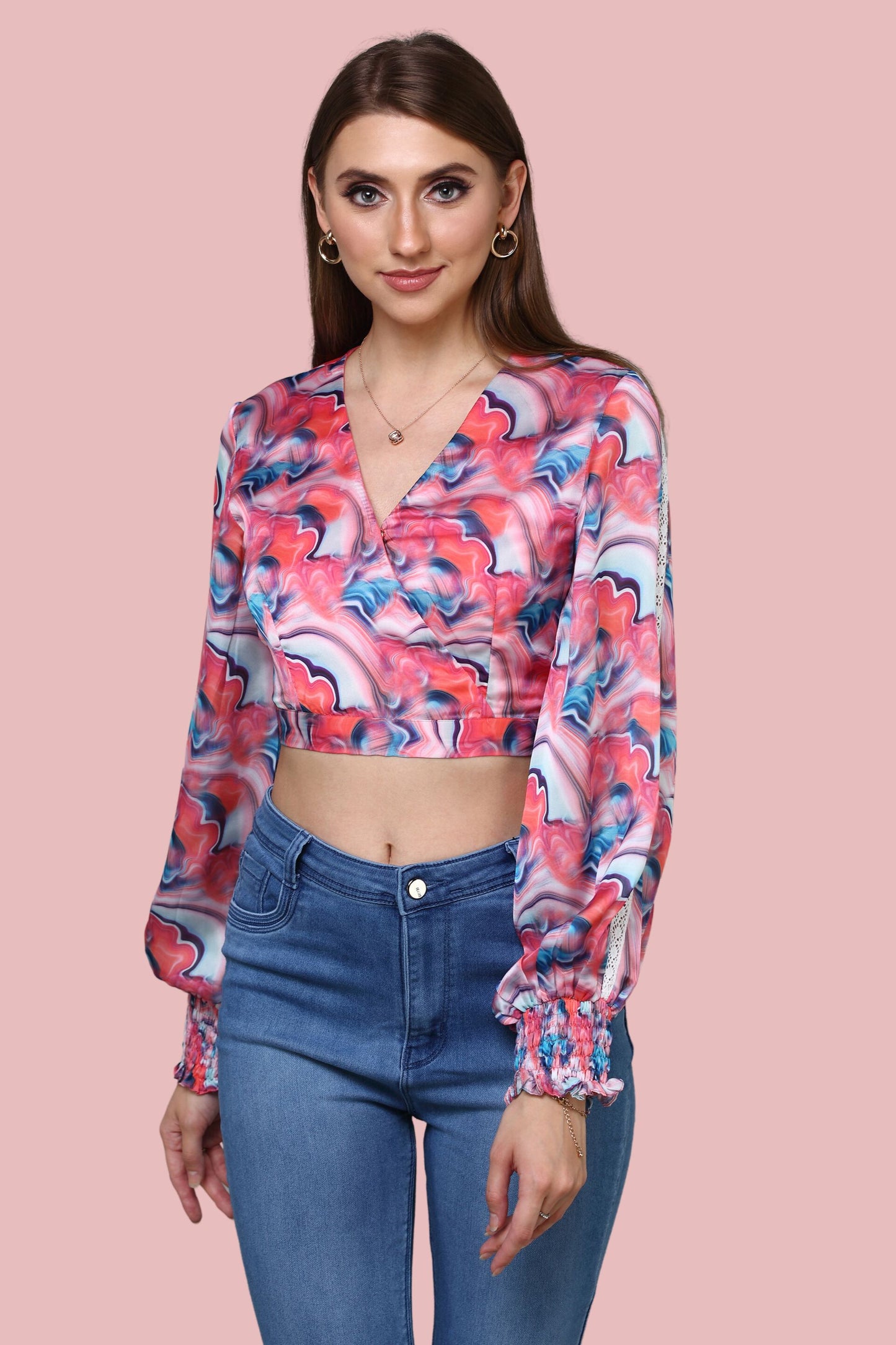 Load image into Gallery viewer, Bell Sleeved Printed Wrap on Crop Top
