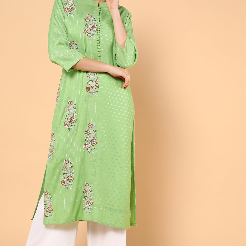 Women Green Floral Embroidered Thread Work Kurta