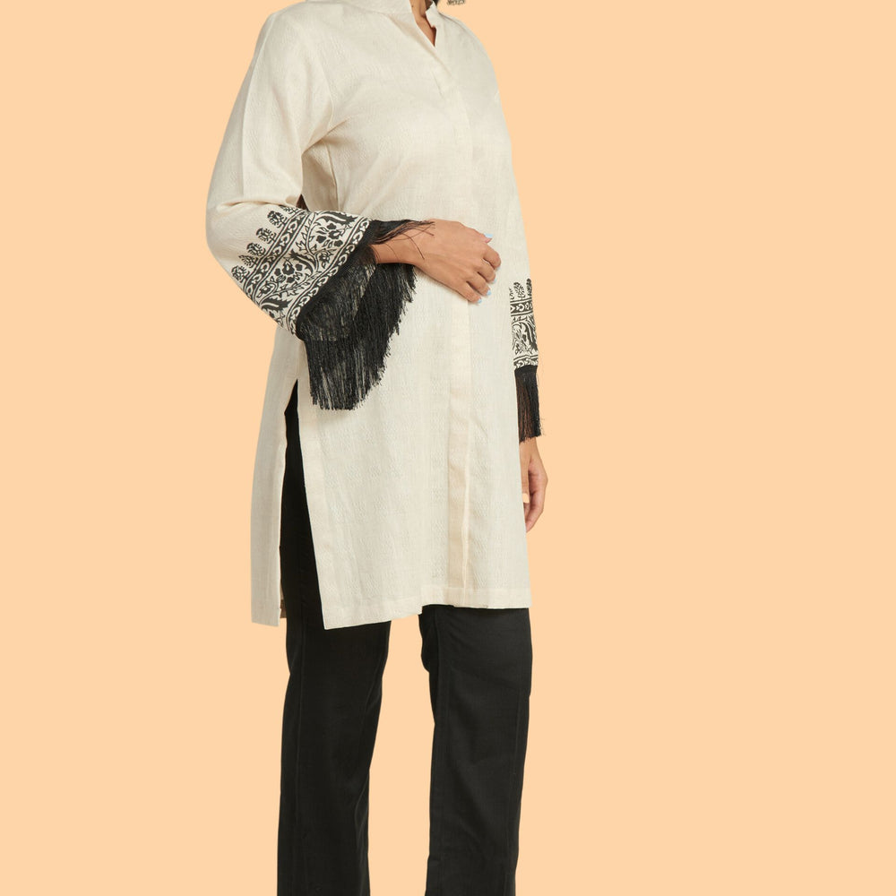 Short Kurti Top With Hand Block Printed Bell Sleeves Bordered by Fringe Lace