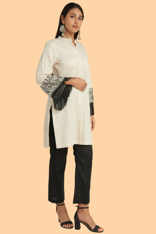 Short Kurti Top With Hand Block Printed Bell Sleeves Bordered by Fringe Lace