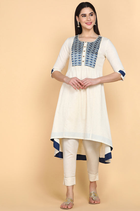 Load image into Gallery viewer, Cream Kurta Trouser Set With Blue Embroidery on Yok
