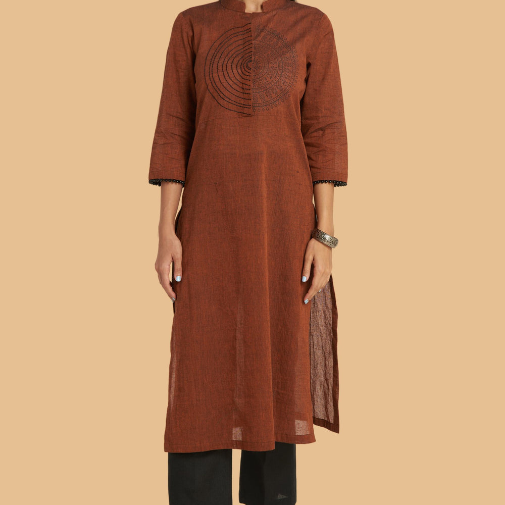 Hand-Block Printed Kurta With Thread-Work Embroidery