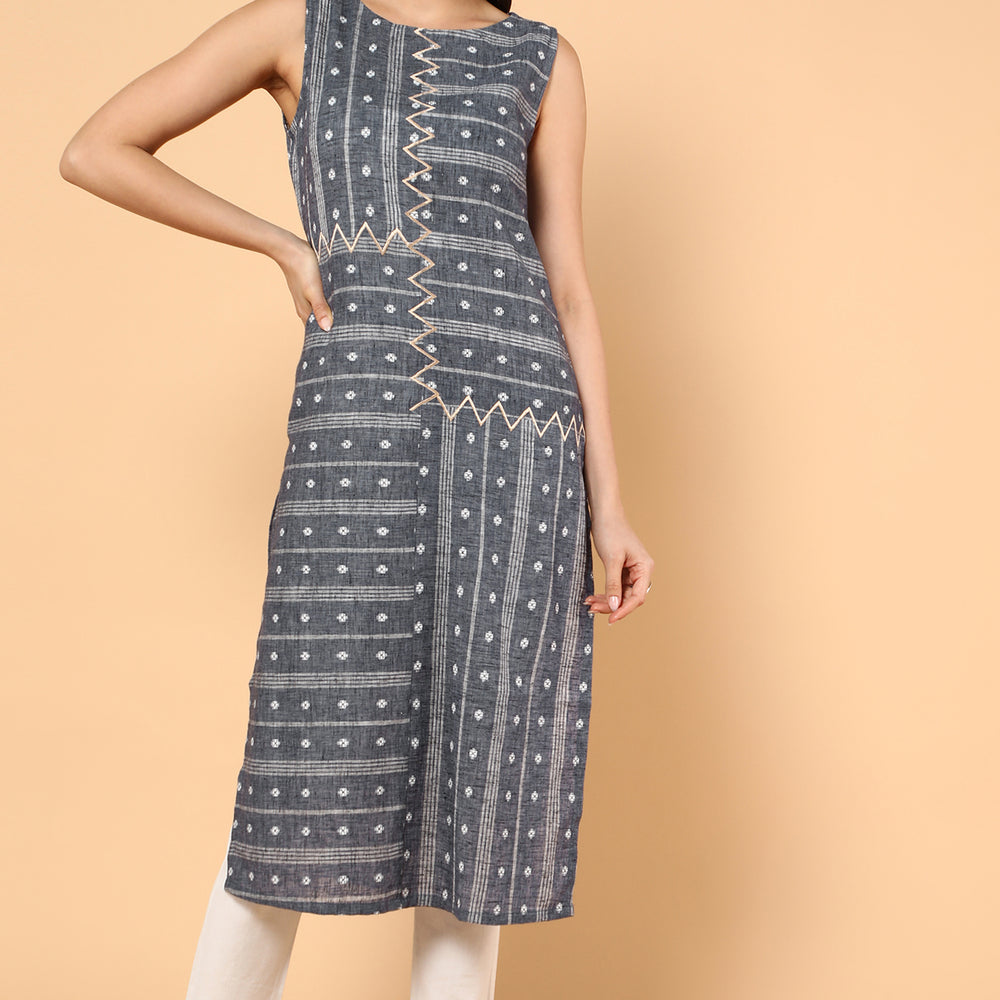 Indigo Blue Straight Kurta With Geometric Embroidery