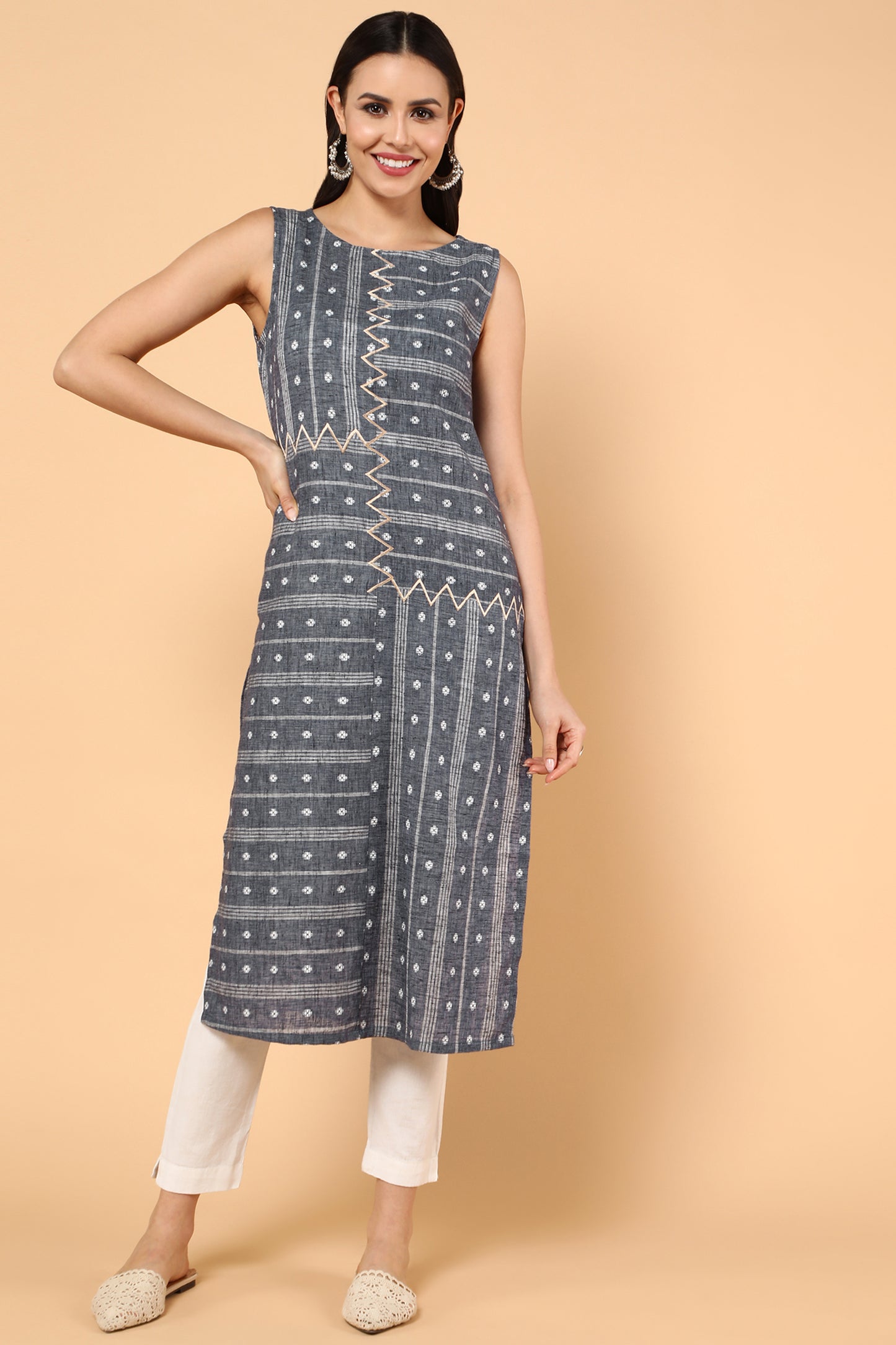 Indigo Blue Straight Kurta With Geometric Embroidery
