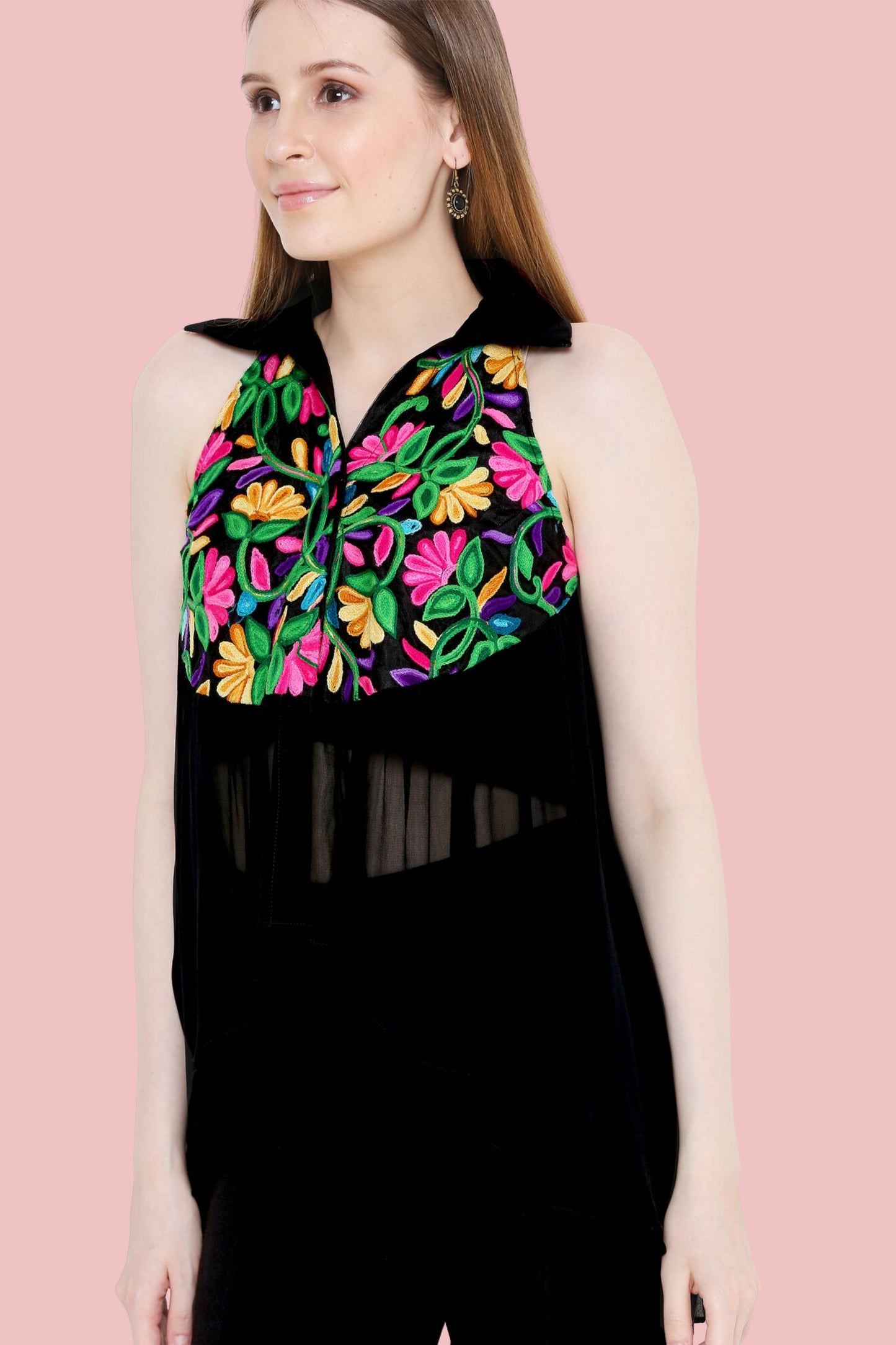 Black Sleeveless Asymmentrical Sleeveless Shirt With Multi-Colour Aari Embroidery