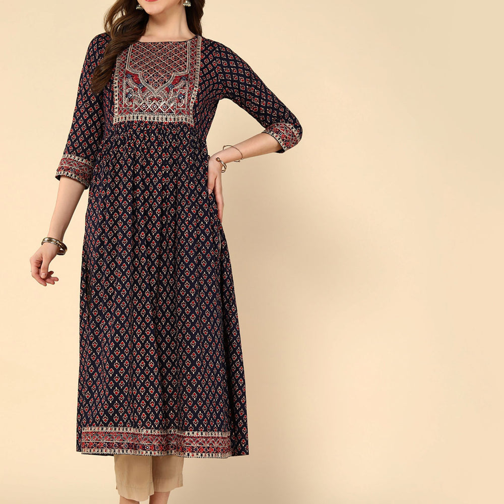 aturabi ajrak print fit and flared pure cotton multi colour yoke embroidery 3/4 th sleeves round neck navy blue and maroon colour kurta