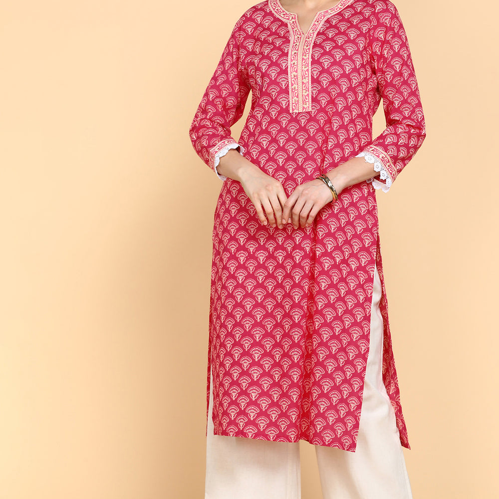 
                      
                        Ethnic Motifs Printed Notched Neck Pure Cotton Kurta
                      
                    