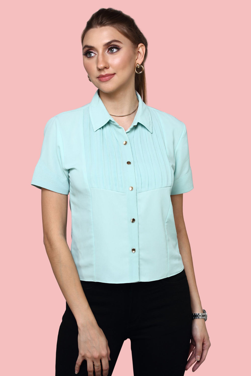 Pista Green Shirt Top With Buttons