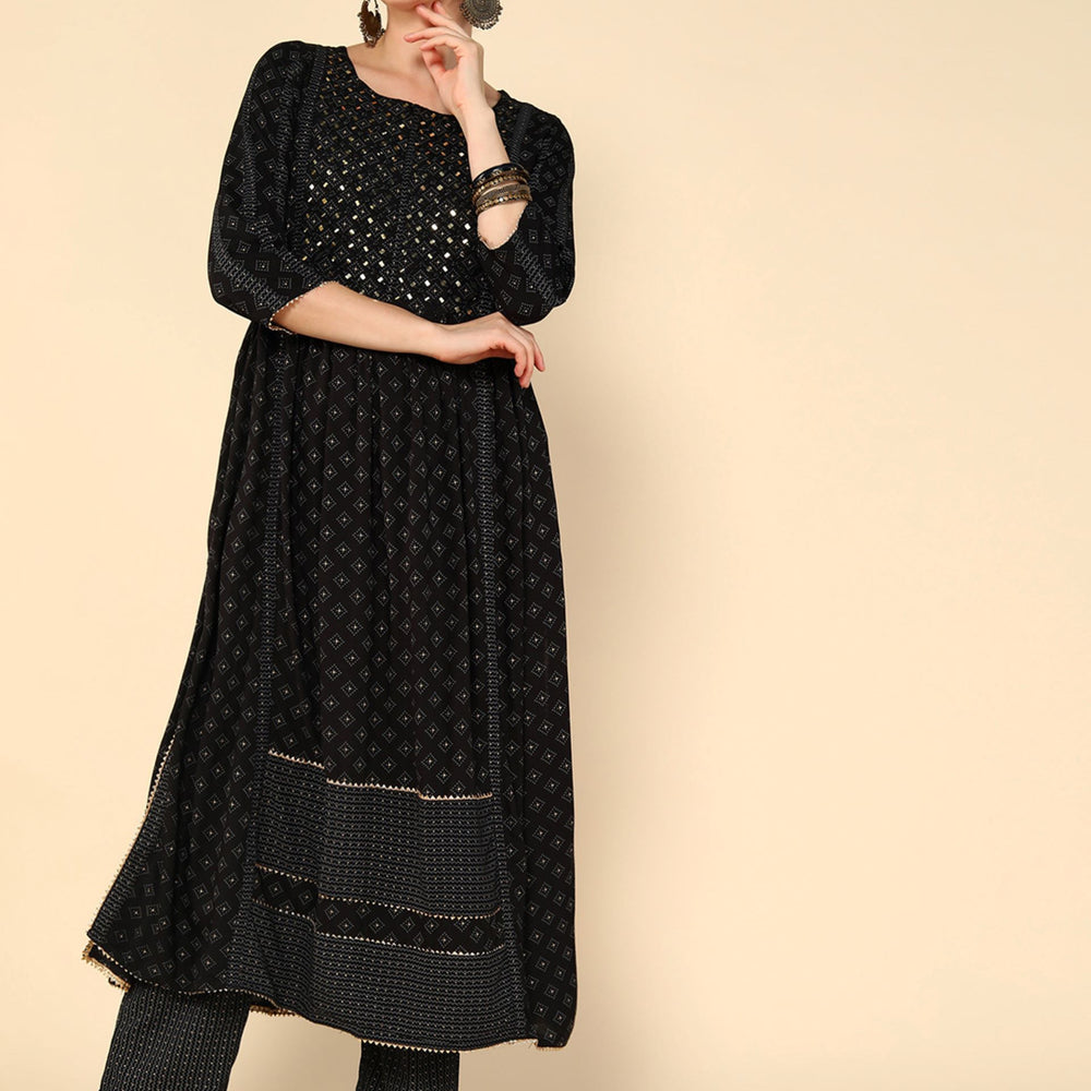 
                      
                        Black Geometric Printed Mirror Work Kurta & Trousers With Dupatta
                      
                    