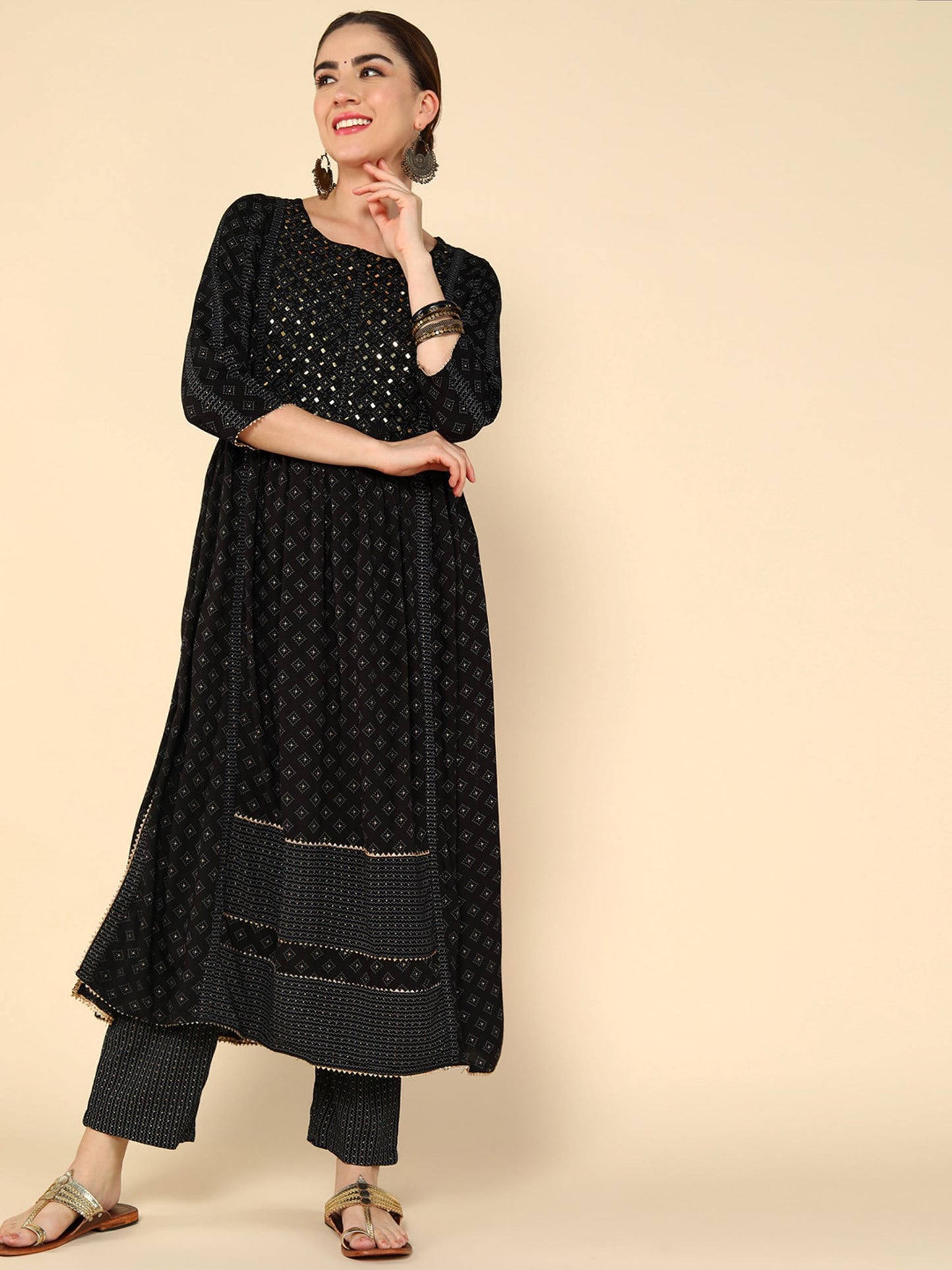Load image into Gallery viewer, Black Geometric Printed Mirror Work Kurta &amp;amp; Trousers With Dupatta
