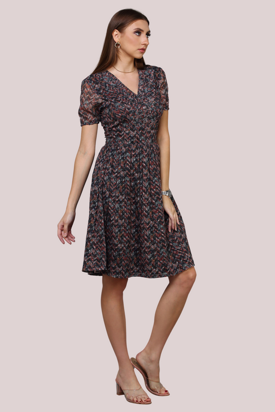Printed Pleated dress with Buttons