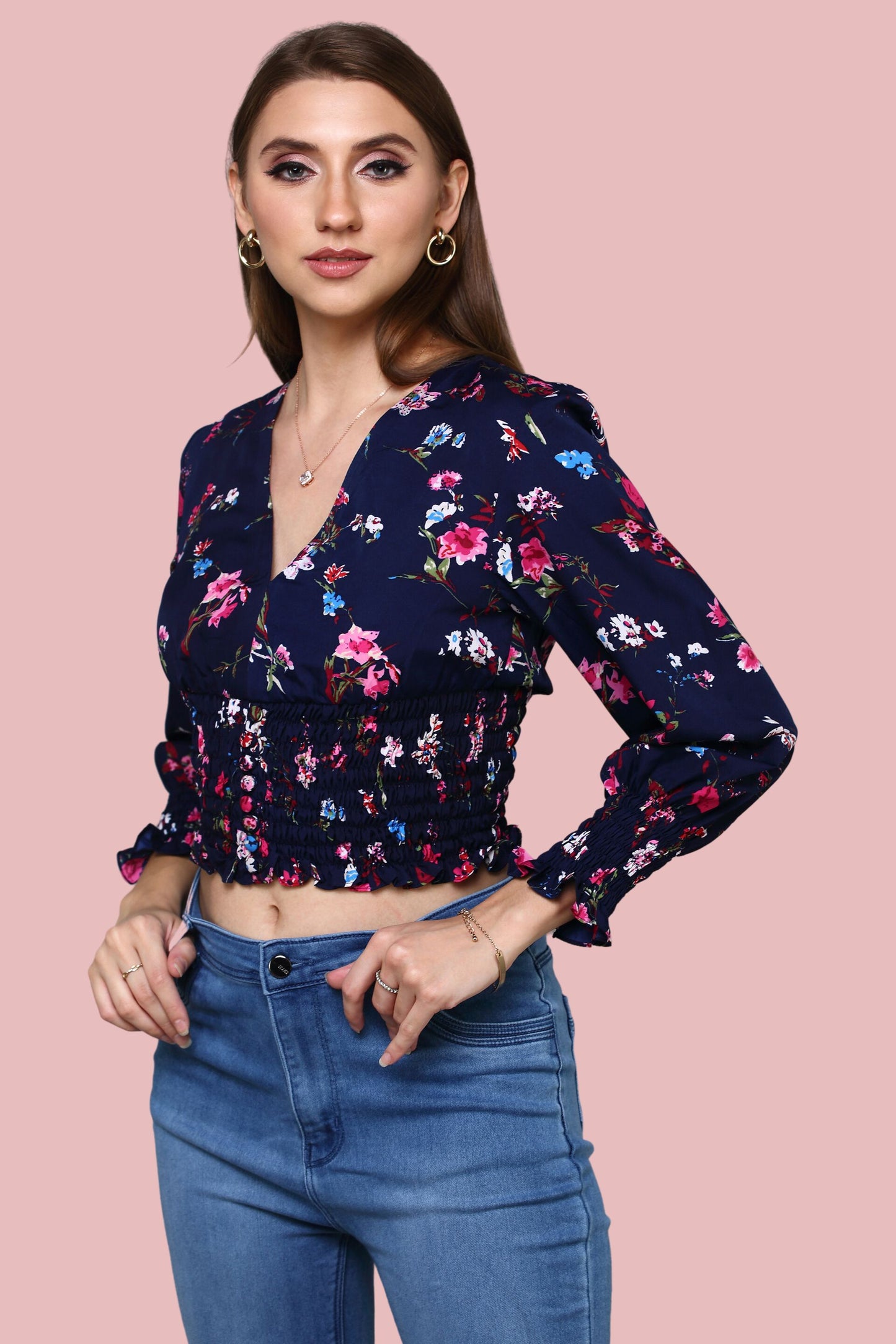 Load image into Gallery viewer, Navy Blue V-neckline printed top with ruching at sleeve and waist
