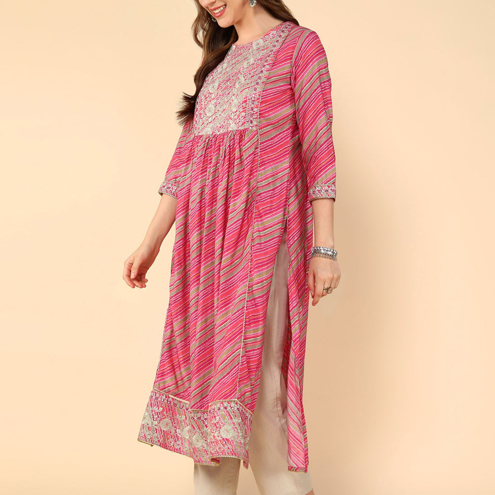 
                      
                        Pink Ethnic Motifs Printed Thread Work Block Print Anarkali Kurta
                      
                    