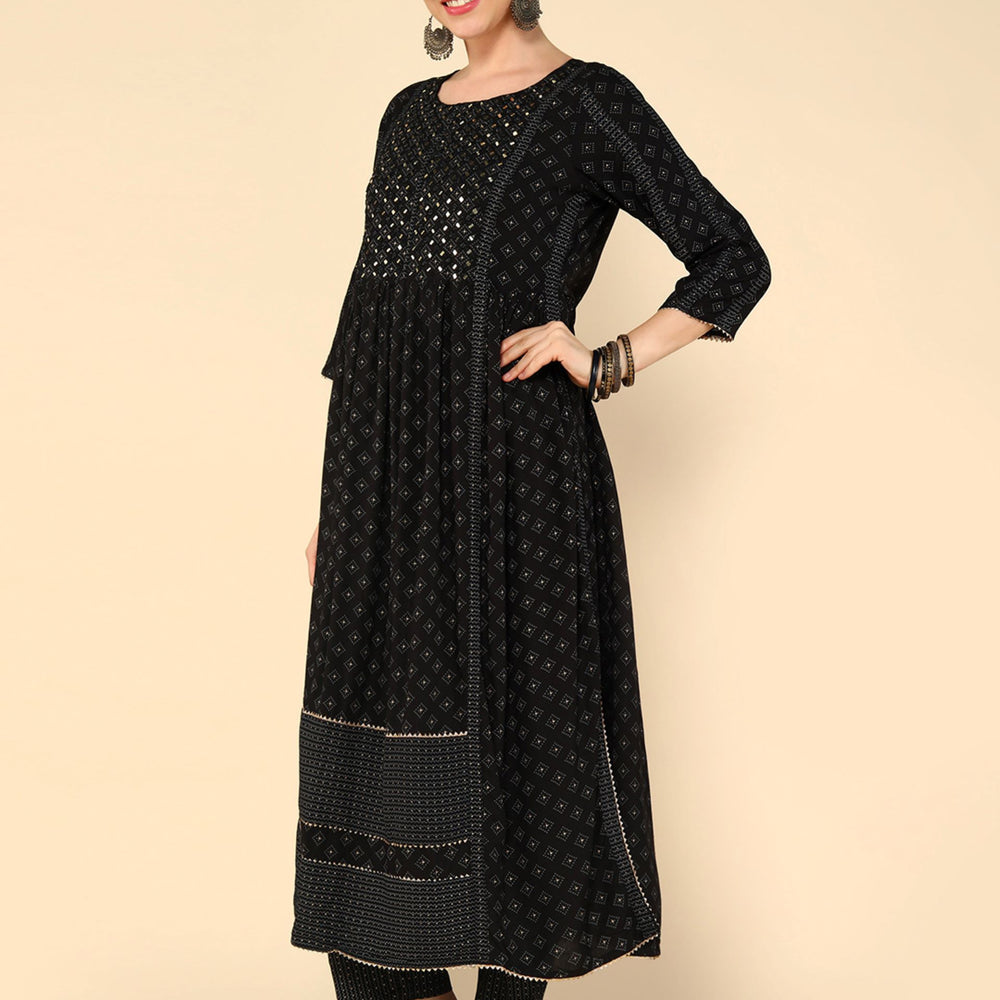 
                      
                        Black Geometric Printed Mirror Work Kurta & Trousers With Dupatta
                      
                    