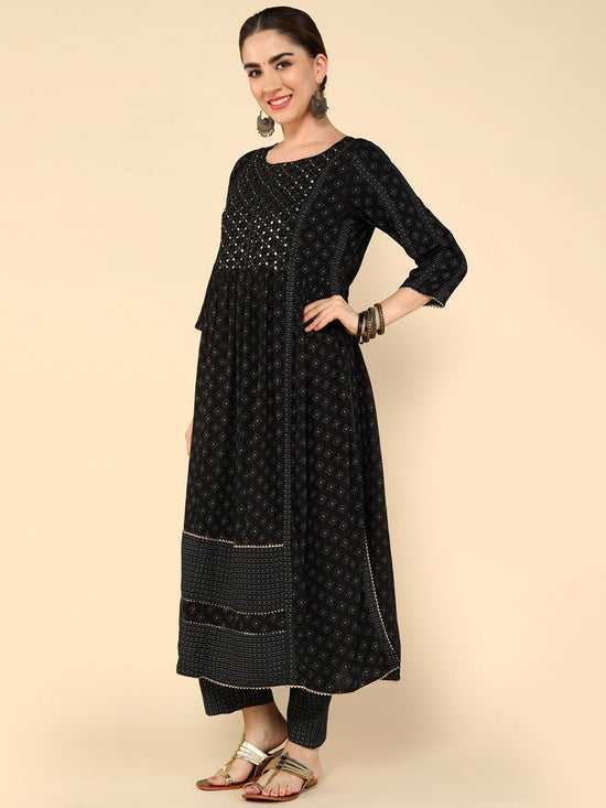 Load image into Gallery viewer, Black Geometric Printed Mirror Work Kurta &amp;amp; Trousers With Dupatta

