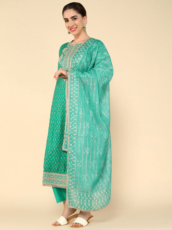 Parrot Green Muslin Gold dori embroidered flared kurta with straight trouser and organza printed dupatta