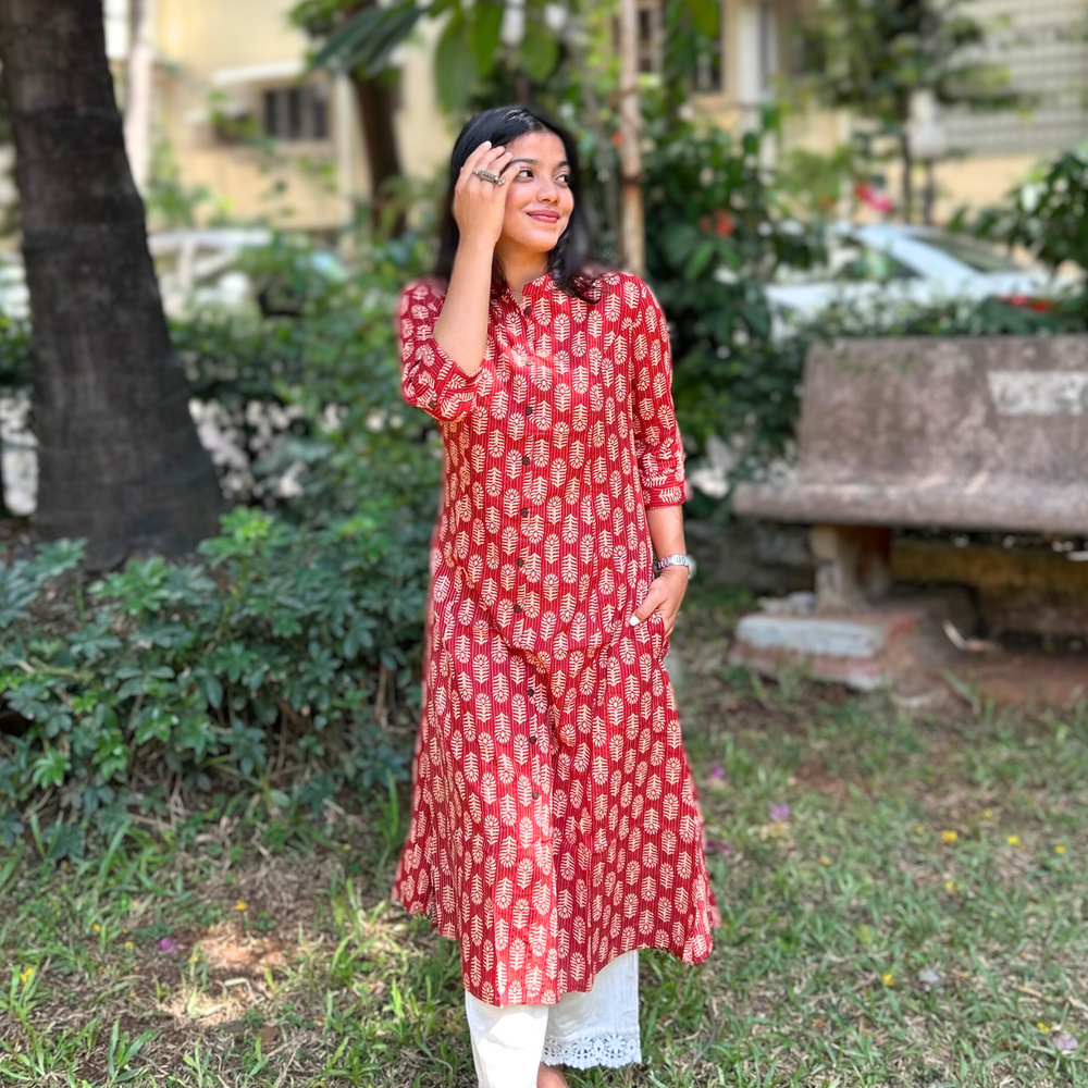 Red A-Line Kantha Kurta With Beige Floral Motifs In Pure Cotton Fabric