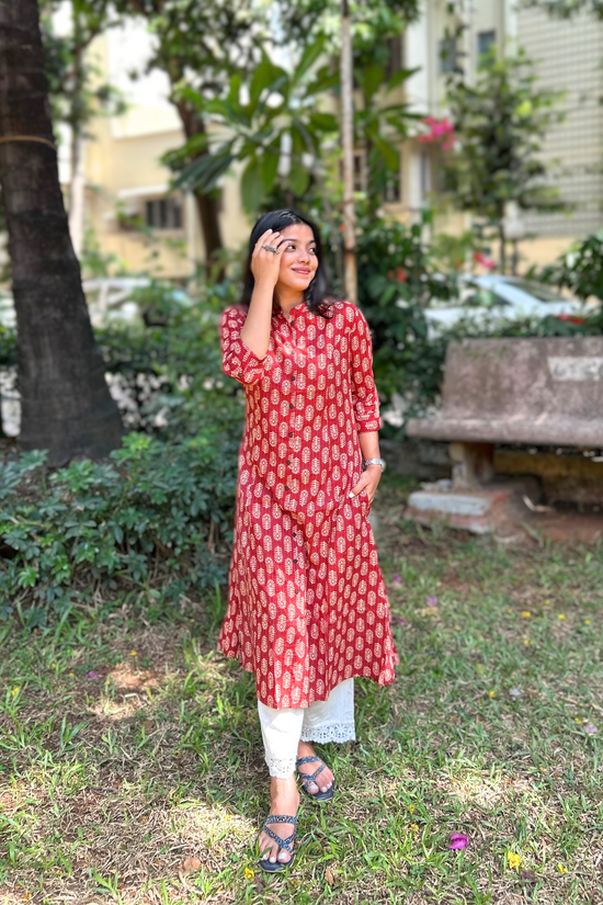 Red A-Line Kantha Kurta With Beige Floral Motifs In Pure Cotton Fabric