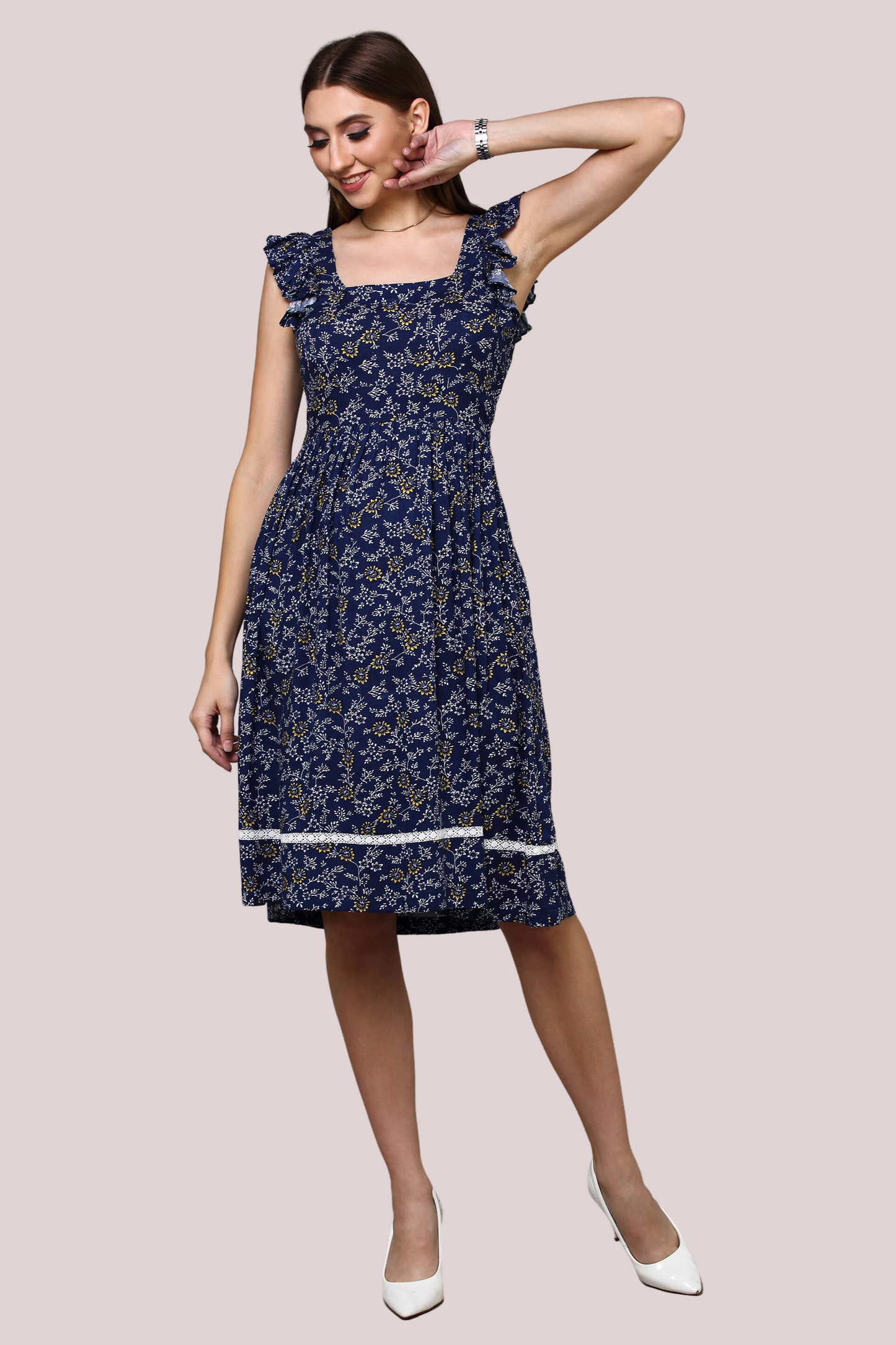 Load image into Gallery viewer, Navy Blue Floral dress with square neckline and lace detail
