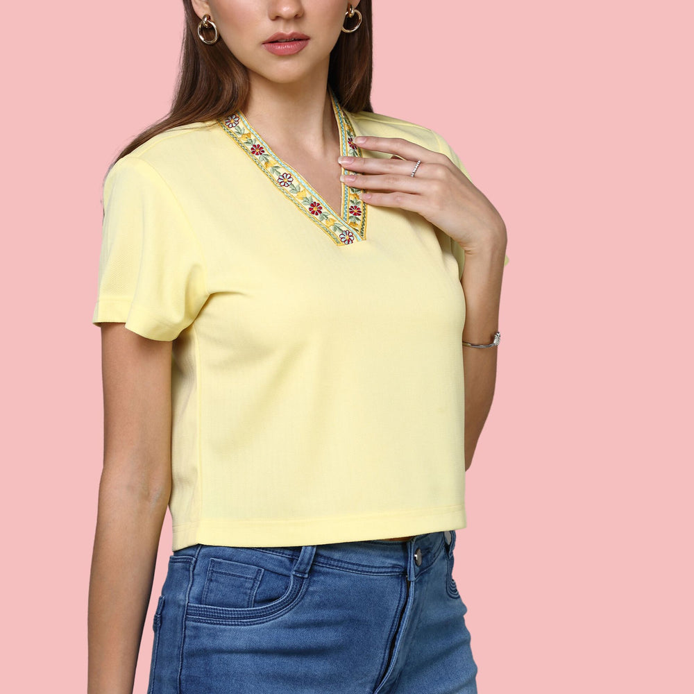 
                      
                        Short Sleeved Embroidered Yellow Top
                      
                    
