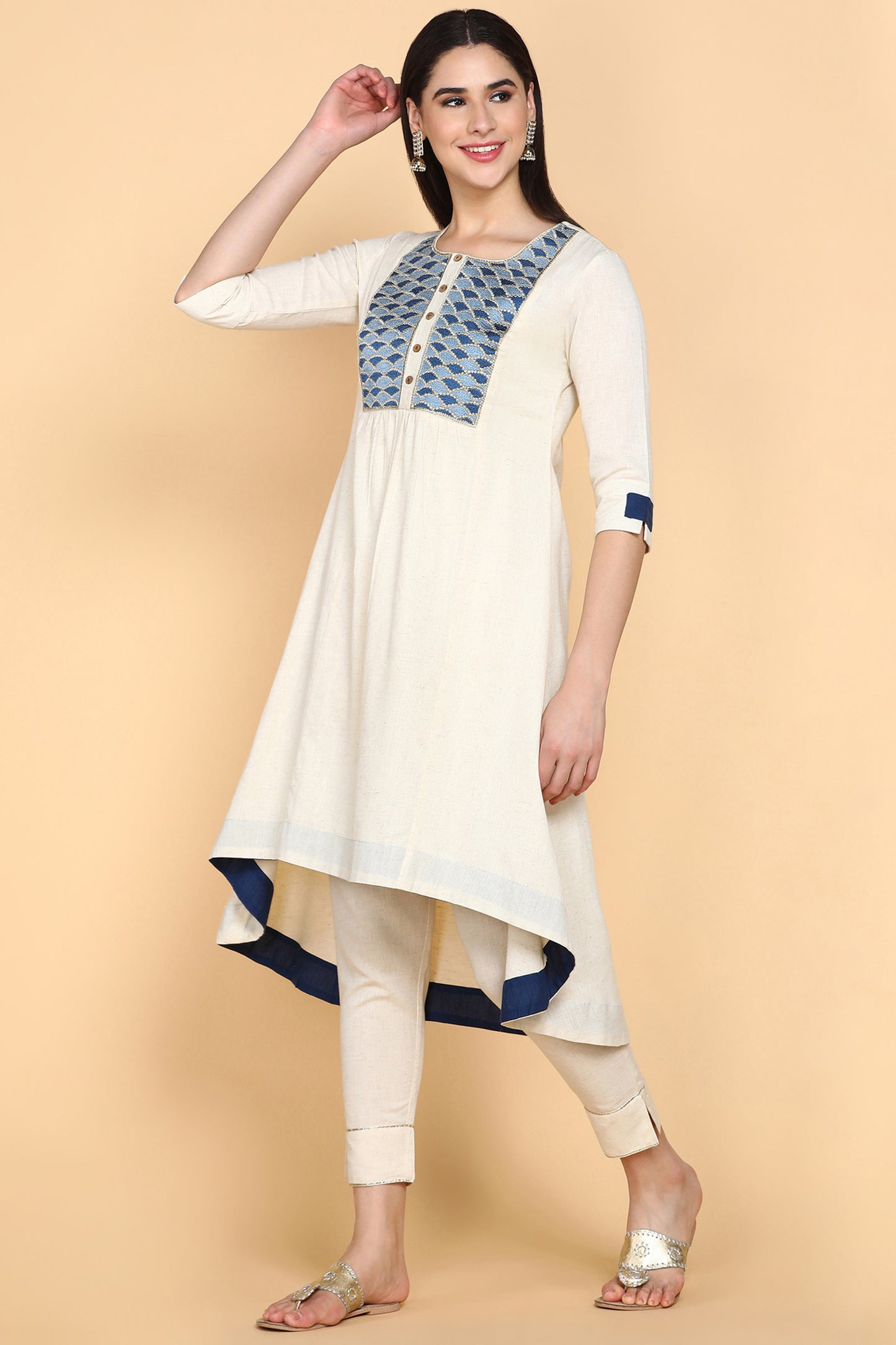 Load image into Gallery viewer, Cream Kurta Trouser Set With Blue Embroidery on Yok
