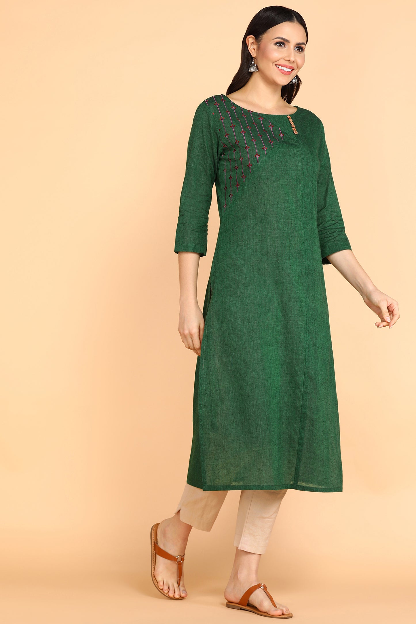 Green Elegant Long Kurta With Embroidery