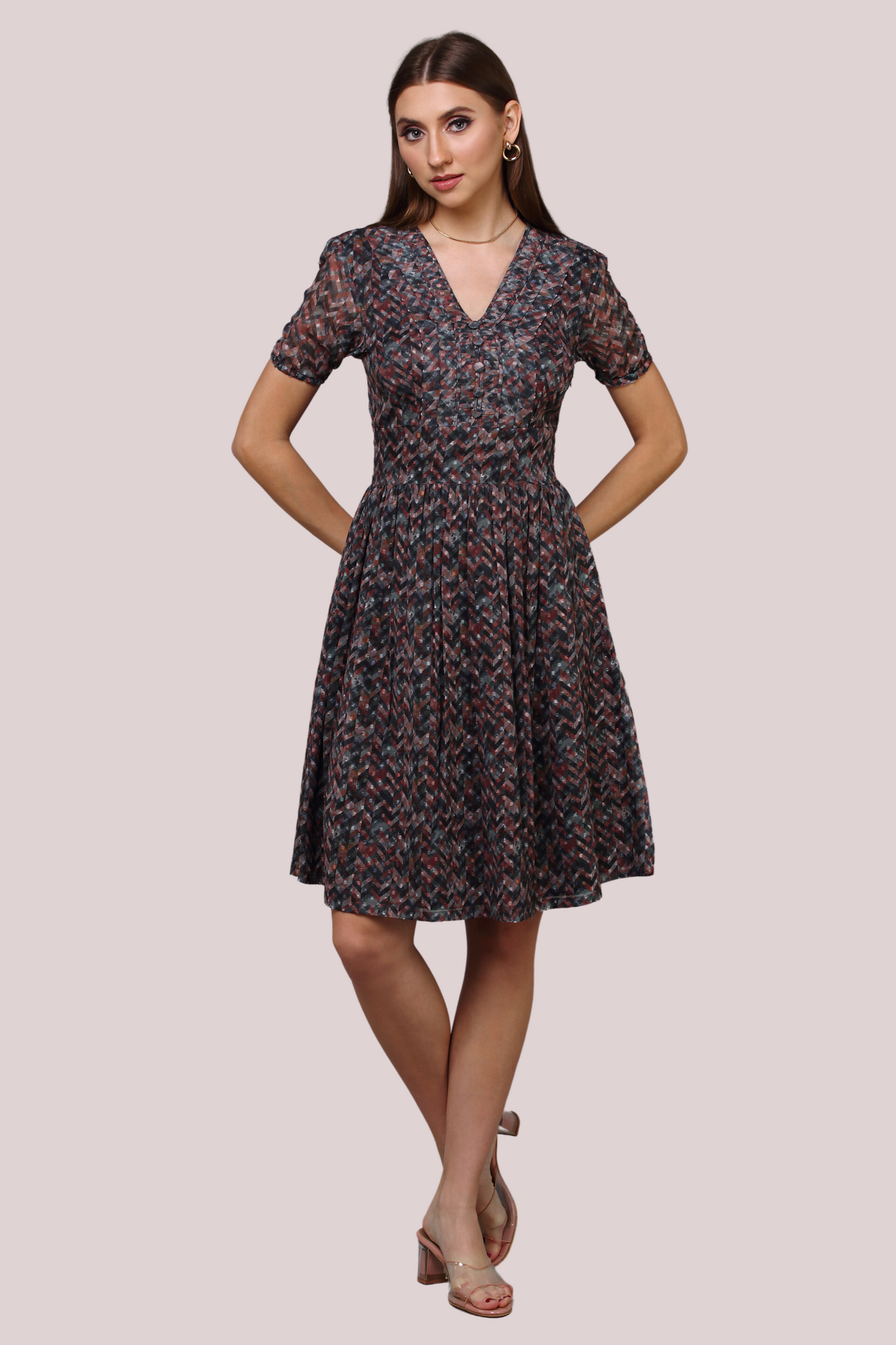 Printed Pleated dress with Buttons