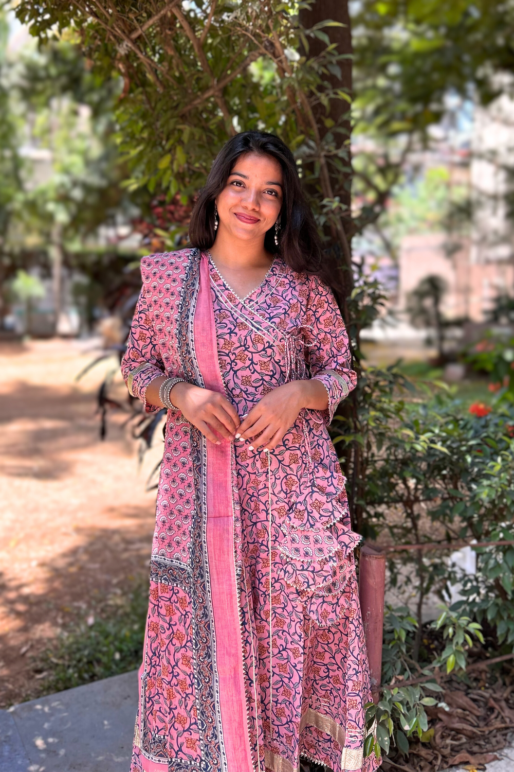 Floral Hand-Printed Pink Angarkha Suit Set in Pure Cotton with Gota Pati Details