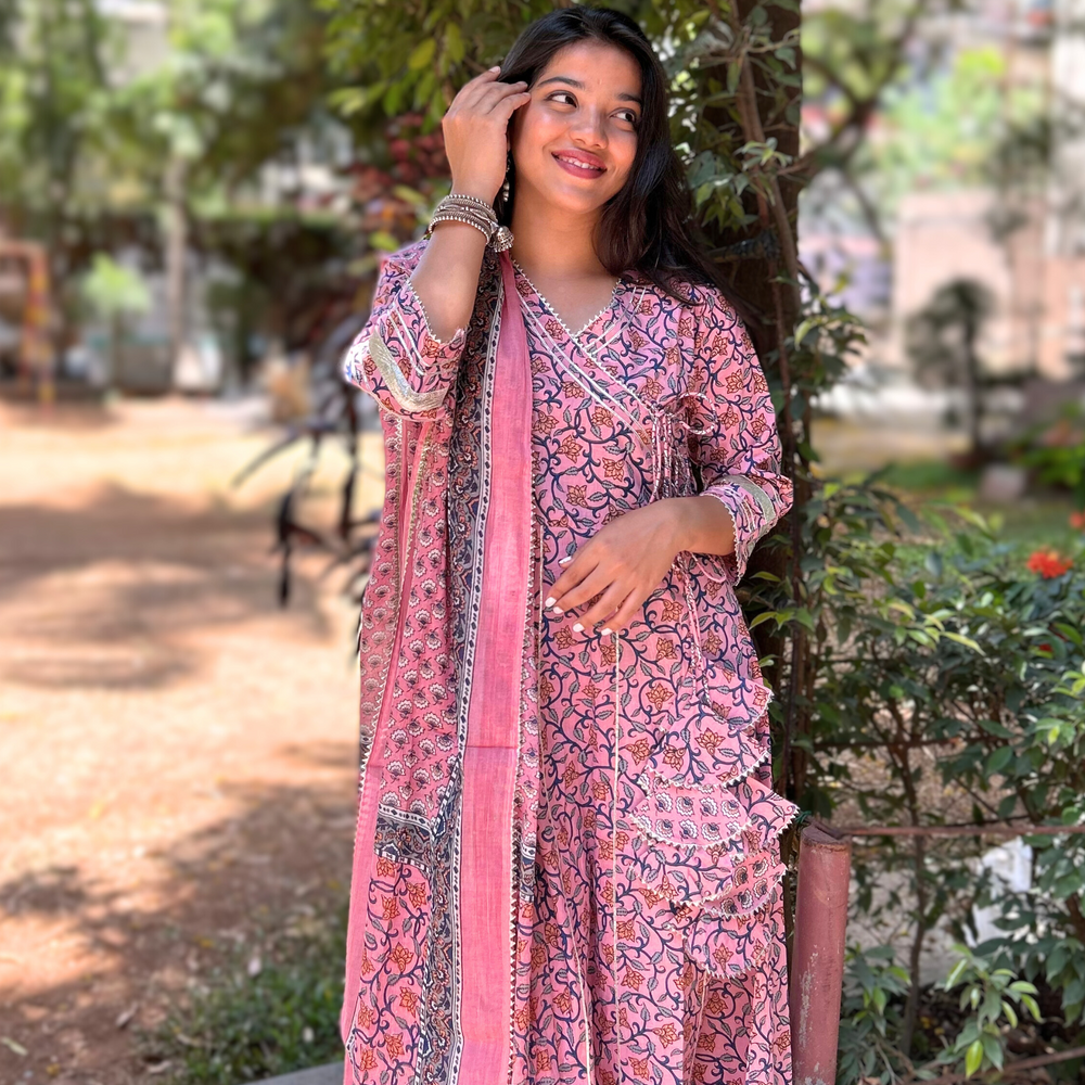 
                      
                        Floral Hand-Printed Pink Angarkha Suit Set in Pure Cotton with Gota Pati Details
                      
                    