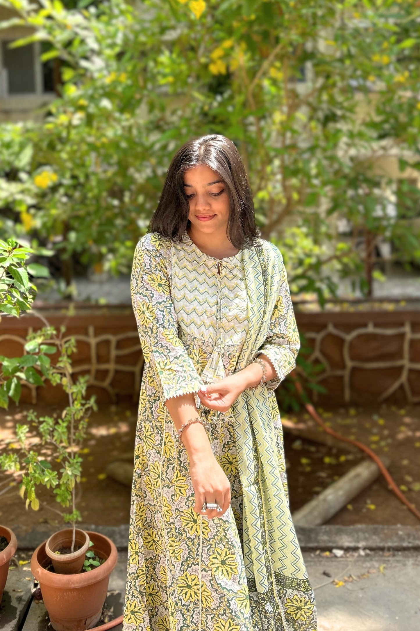 Green and Lime Pure Cotton Hand-Printed Floral Print Suit Set